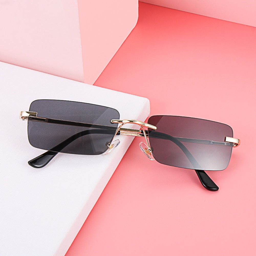 Rectangle Rimless Square Vintage Glasses Luxury Design Unisex Retro Frame Gradient UV400 Eyewear Sunglasses
