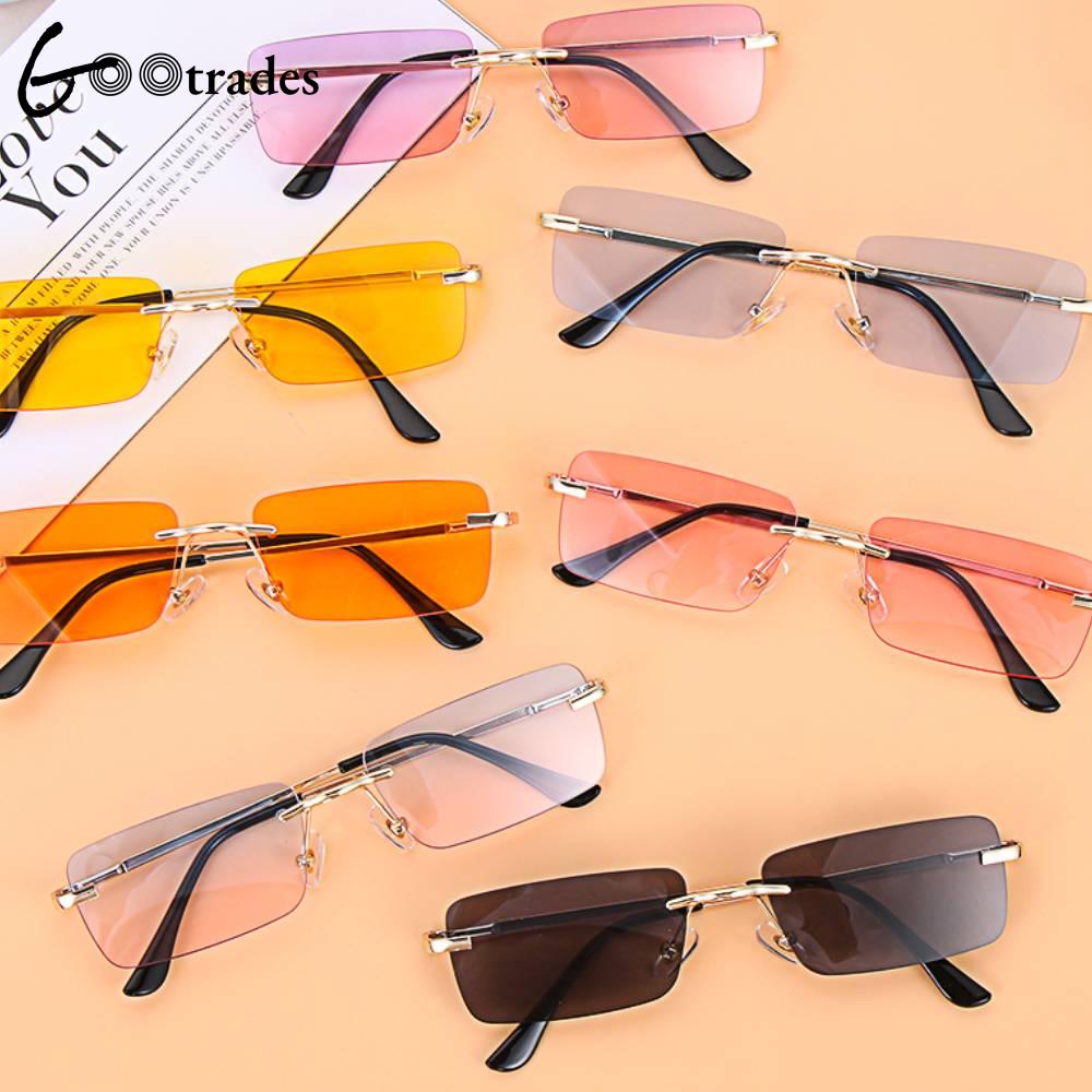 Rectangle Rimless Square Vintage Glasses Luxury Design Unisex Retro Frame Gradient UV400 Eyewear Sunglasses