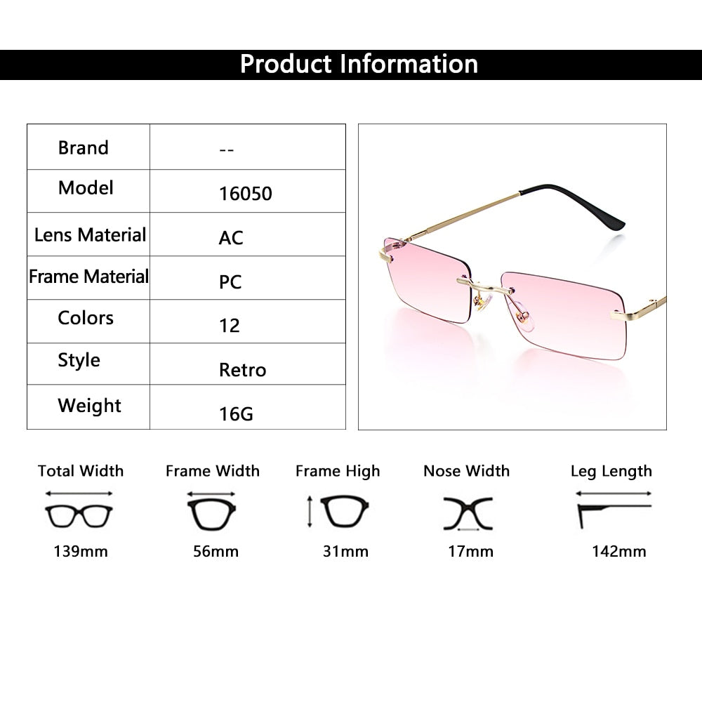 Rectangle Rimless Square Vintage Glasses Luxury Design Unisex Retro Frame Gradient UV400 Eyewear Sunglasses