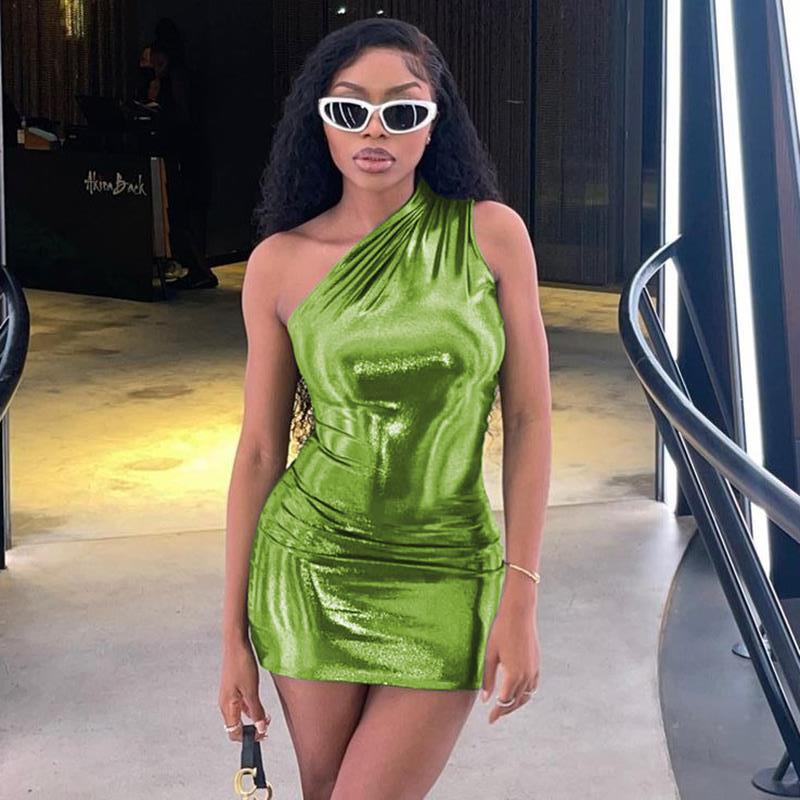 Pu Leather One Shoulder Sleeveless Draped Women Elegant Party club Mini Dress