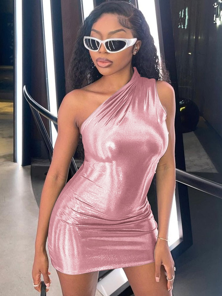 Pu Leather One Shoulder Sleeveless Draped Women Elegant Party club Mini Dress