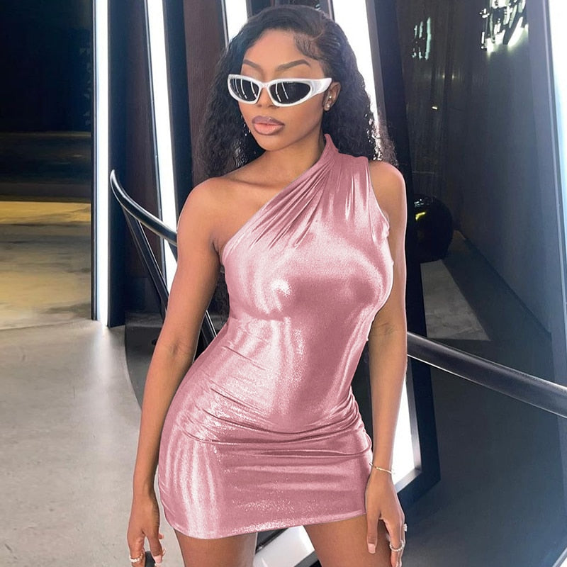 Pu Leather One Shoulder Sleeveless Draped Women Elegant Party club Mini Dress
