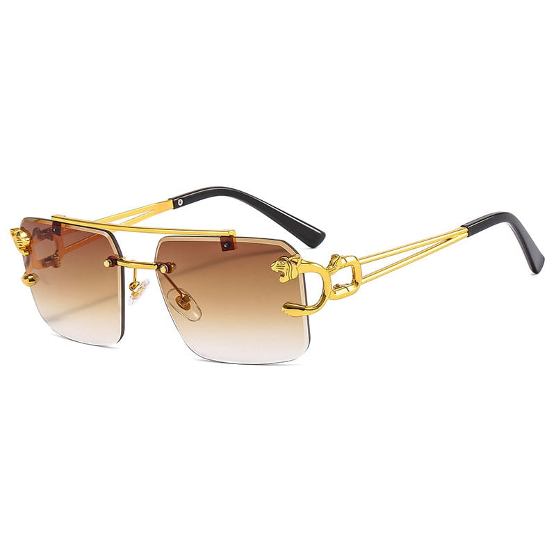 Metal Leopard Rimless Double Bridges Gradient Ocean Film Shades UV400 Sunglasses