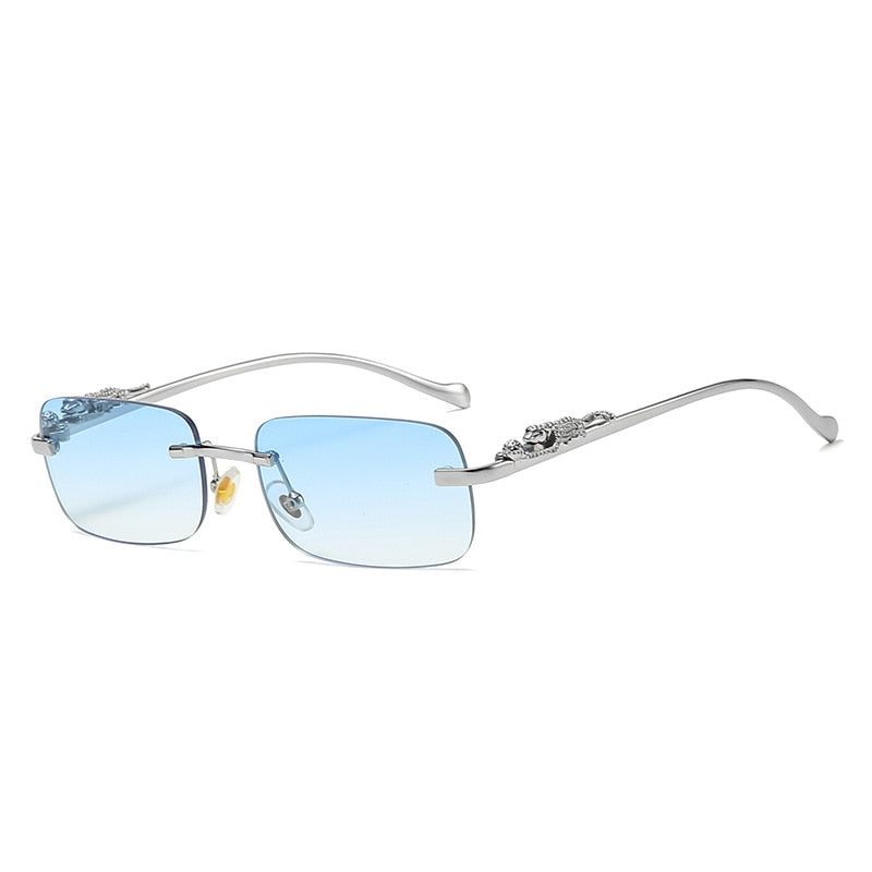 Rimless Rectangle Vintage Metal Leopard Head Sunglasses Frameless Tinted SunGlasses Shades Sunglasses