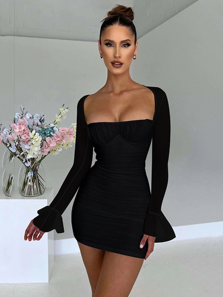 Backless Mini Dress Robe Two Layer Mesh Full Sleeve Women's Zipper Bodycon Party Short Dress