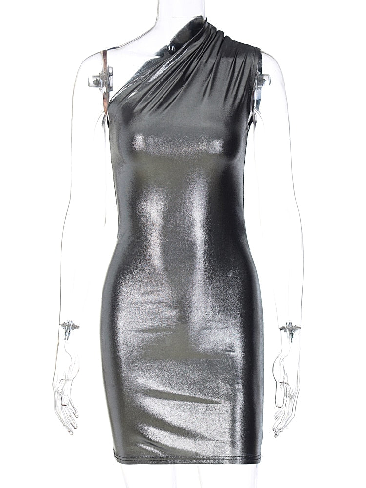 Pu Leather One Shoulder Sleeveless Draped Women Elegant Party club Mini Dress