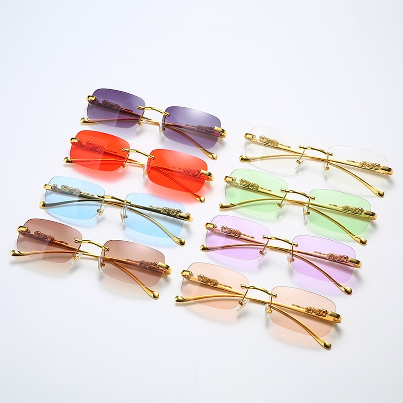Rimless Rectangle Vintage Metal Leopard Head Sunglasses Frameless Tinted SunGlasses Shades Sunglasses