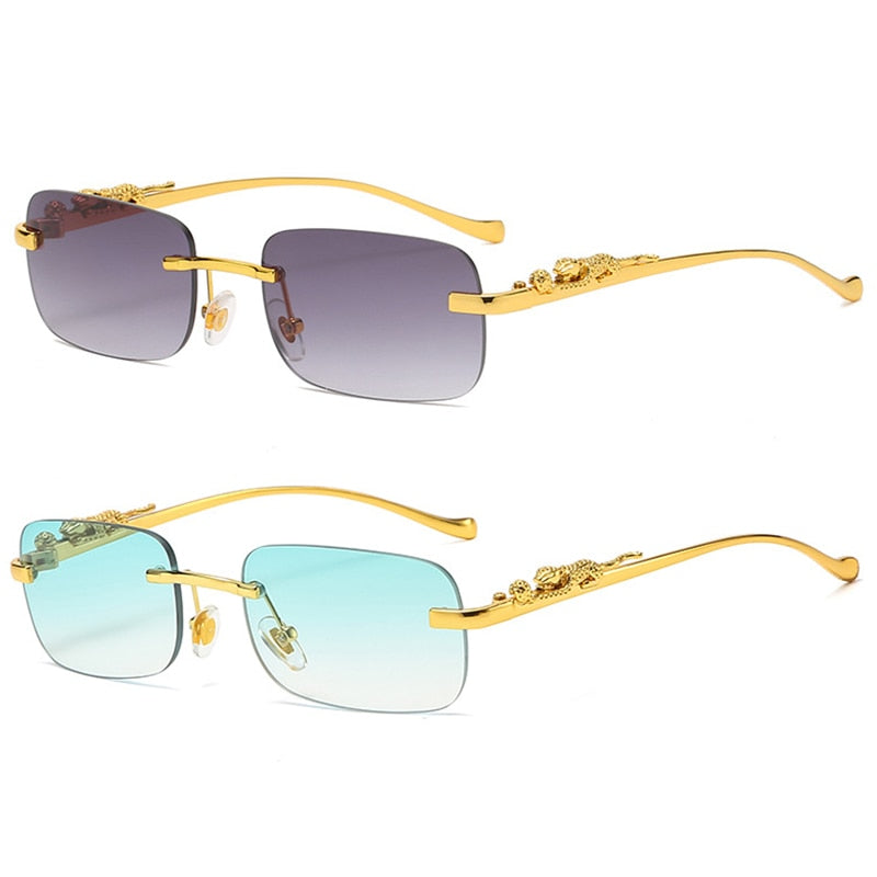 Rimless Rectangle Vintage Metal Leopard Head Sunglasses Frameless Tinted SunGlasses Shades Sunglasses