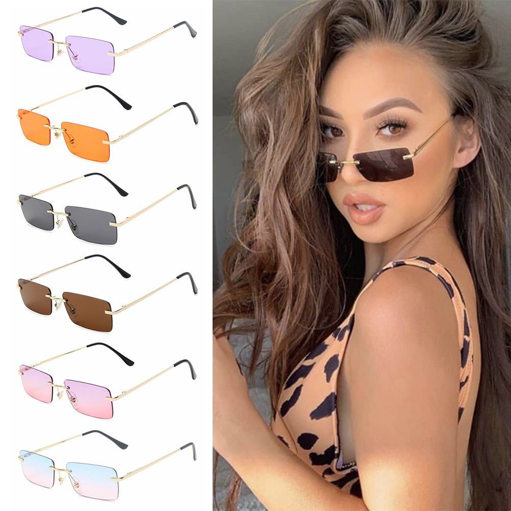 Rectangle Rimless Square Vintage Glasses Luxury Design Unisex Retro Frame Gradient UV400 Eyewear Sunglasses