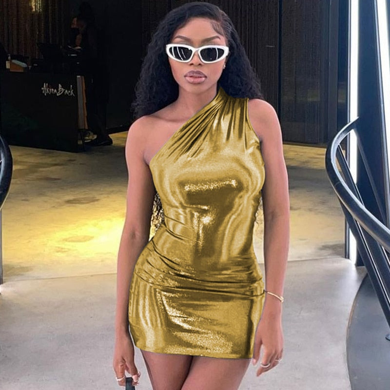Pu Leather One Shoulder Sleeveless Draped Women Elegant Party club Mini Dress