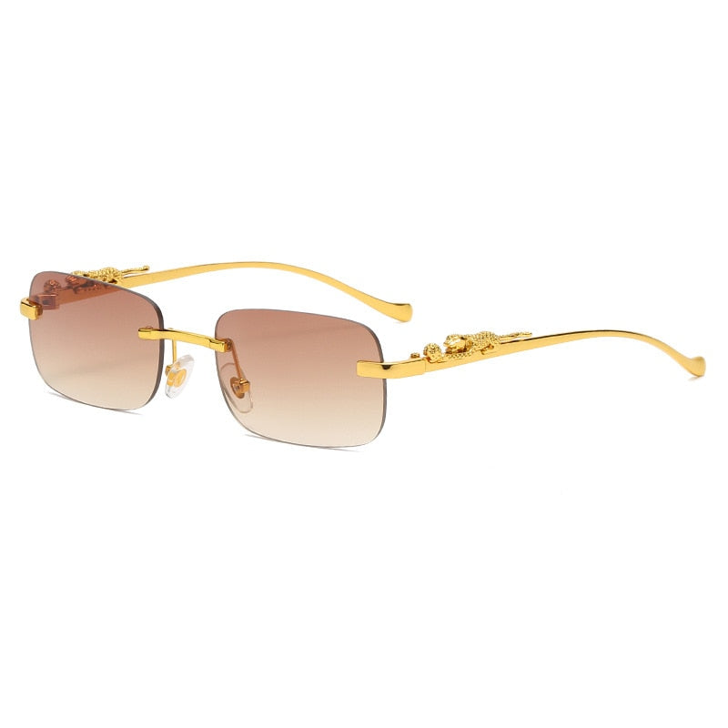 Rimless Rectangle Vintage Metal Leopard Head Sunglasses Frameless Tinted SunGlasses Shades Sunglasses