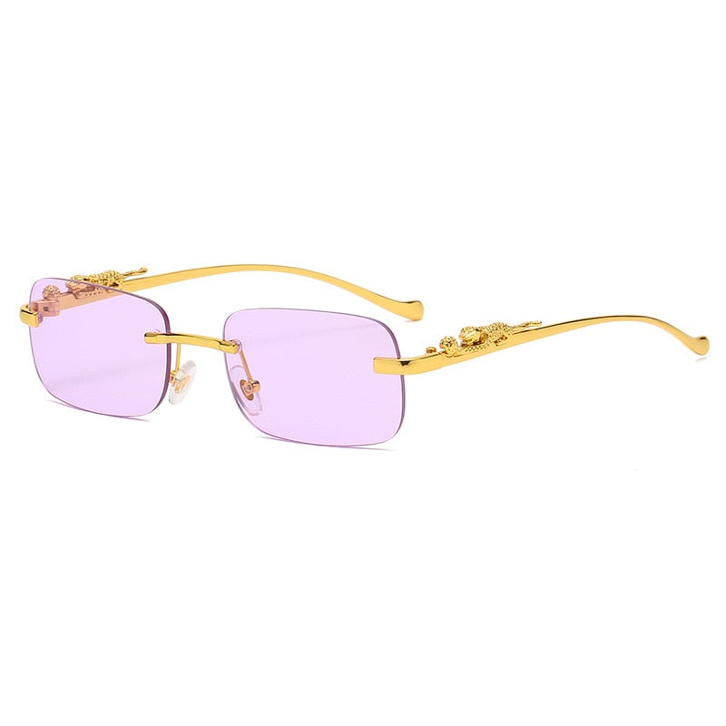 Rimless Rectangle Vintage Metal Leopard Head Sunglasses Frameless Tinted SunGlasses Shades Sunglasses