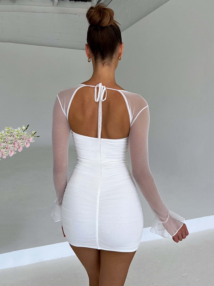 Backless Mini Dress Robe Two Layer Mesh Full Sleeve Women's Zipper Bodycon Party Short Dress