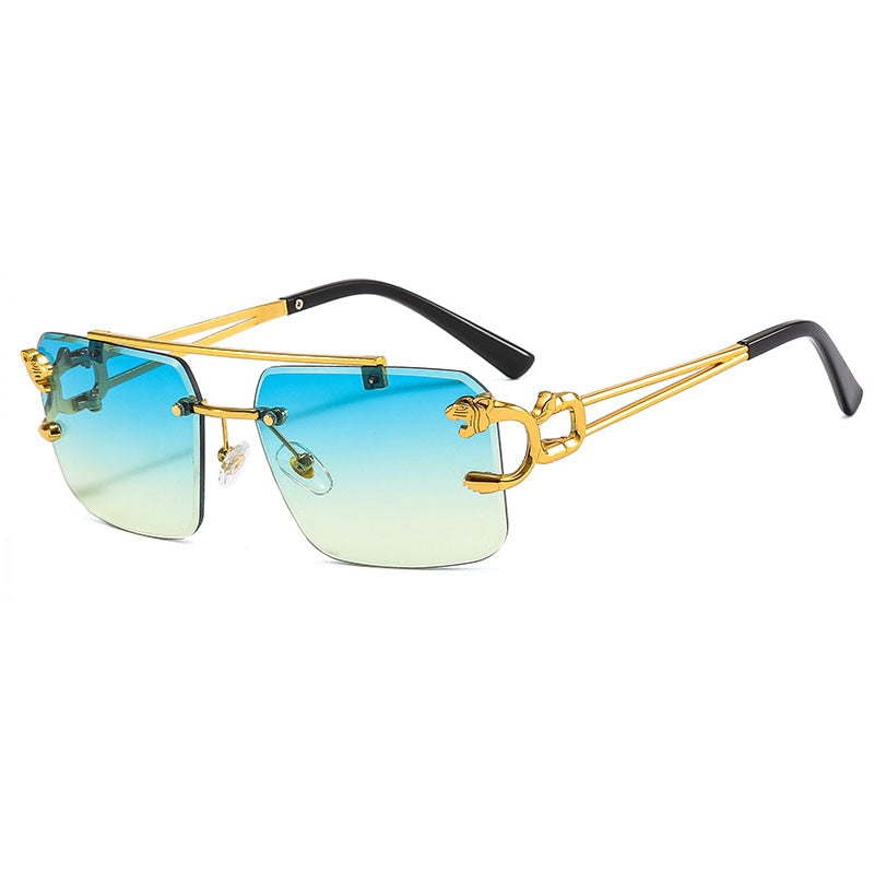 Metal Leopard Rimless Double Bridges Gradient Ocean Film Shades UV400 Sunglasses