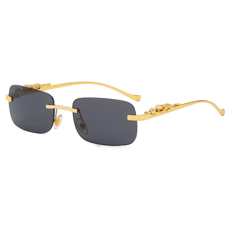 Rimless Rectangle Vintage Metal Leopard Head Sunglasses Frameless Tinted SunGlasses Shades Sunglasses
