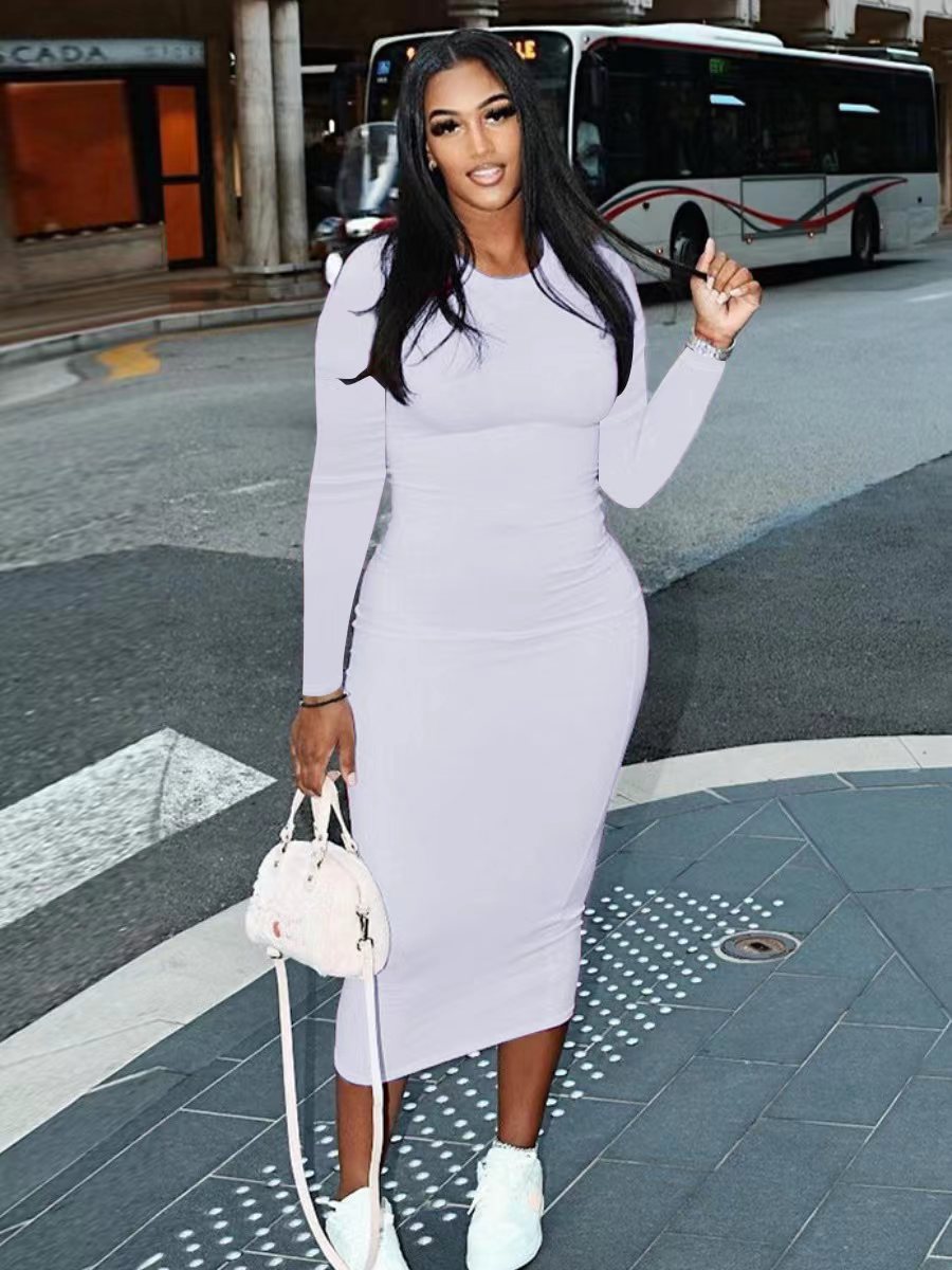 Round Neck Bodycon Dress Womens Long Sleeve Slim Bodycon Tunic Dress