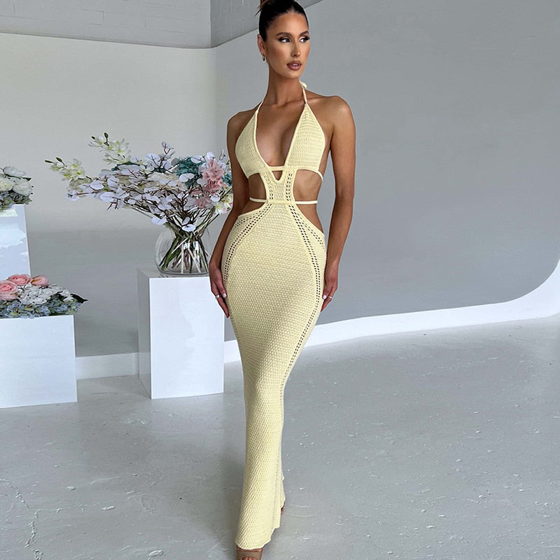 Crochet Halter Sleeveless Backless Solid Hollow Out Bandage Sexy Slim Party Outfit Maxi Dress