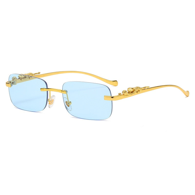 Rimless Rectangle Vintage Metal Leopard Head Sunglasses Frameless Tinted SunGlasses Shades Sunglasses