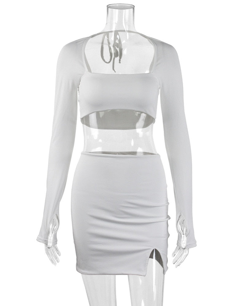 Square Collar Full Sleeve Crop Top And Mini Skirt Matching Party Two Piece Set
