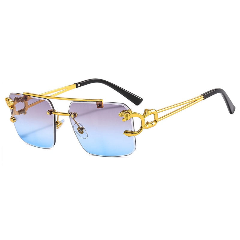 Metal Leopard Rimless Double Bridges Gradient Ocean Film Shades UV400 Sunglasses