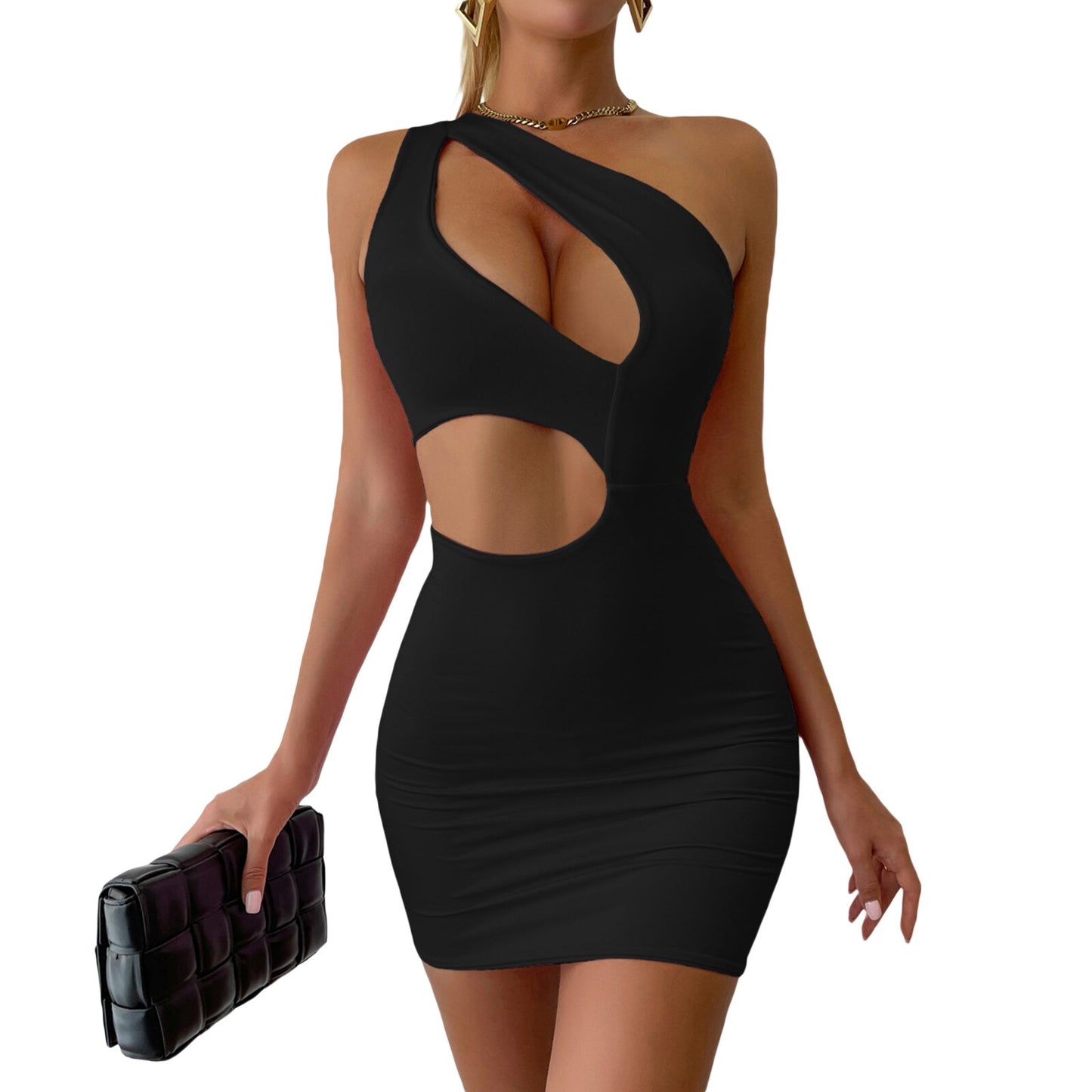 One Shoulder Cutout Bodycon Women's Sleeveless Hollow Out Short Sheath Mini Dress
