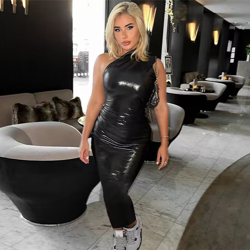Pu Leather One Shoulder Sleeveless Draped Women Elegant Party club Mini Dress