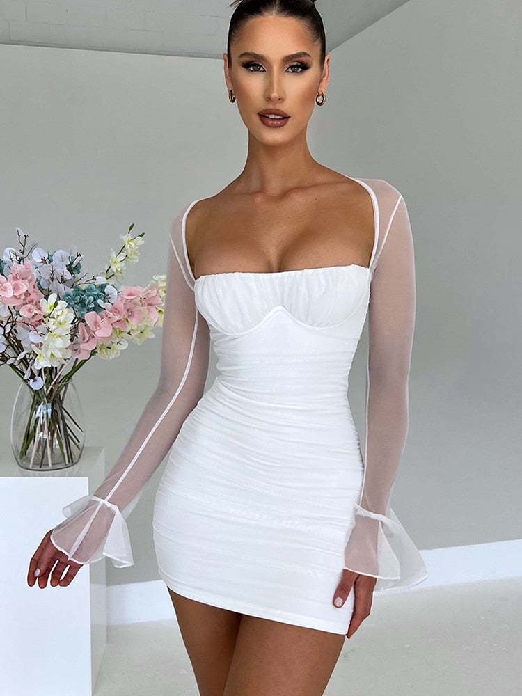 Backless Mini Dress Robe Two Layer Mesh Full Sleeve Women's Zipper Bodycon Party Short Dress