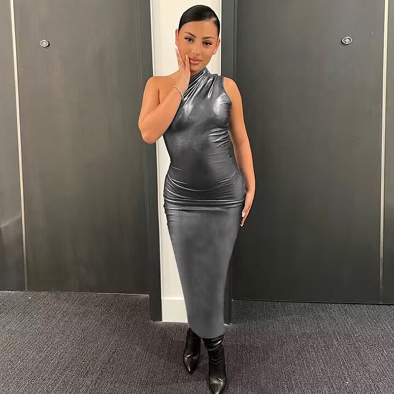 Pu Leather One Shoulder Sleeveless Draped Women Elegant Party club Mini Dress
