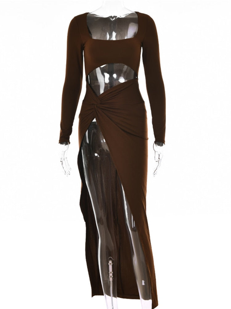 Sexy Hollow Out High Split Maxi Long Sleeve Party Dress