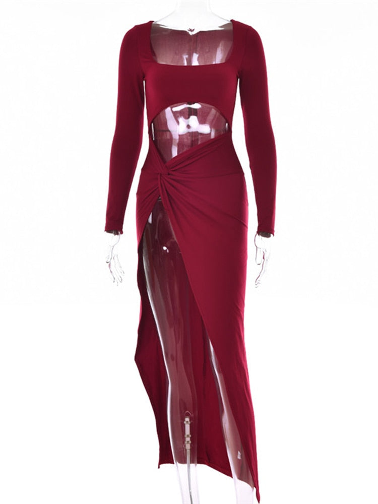 Sexy Hollow Out High Split Maxi Long Sleeve Party Dress