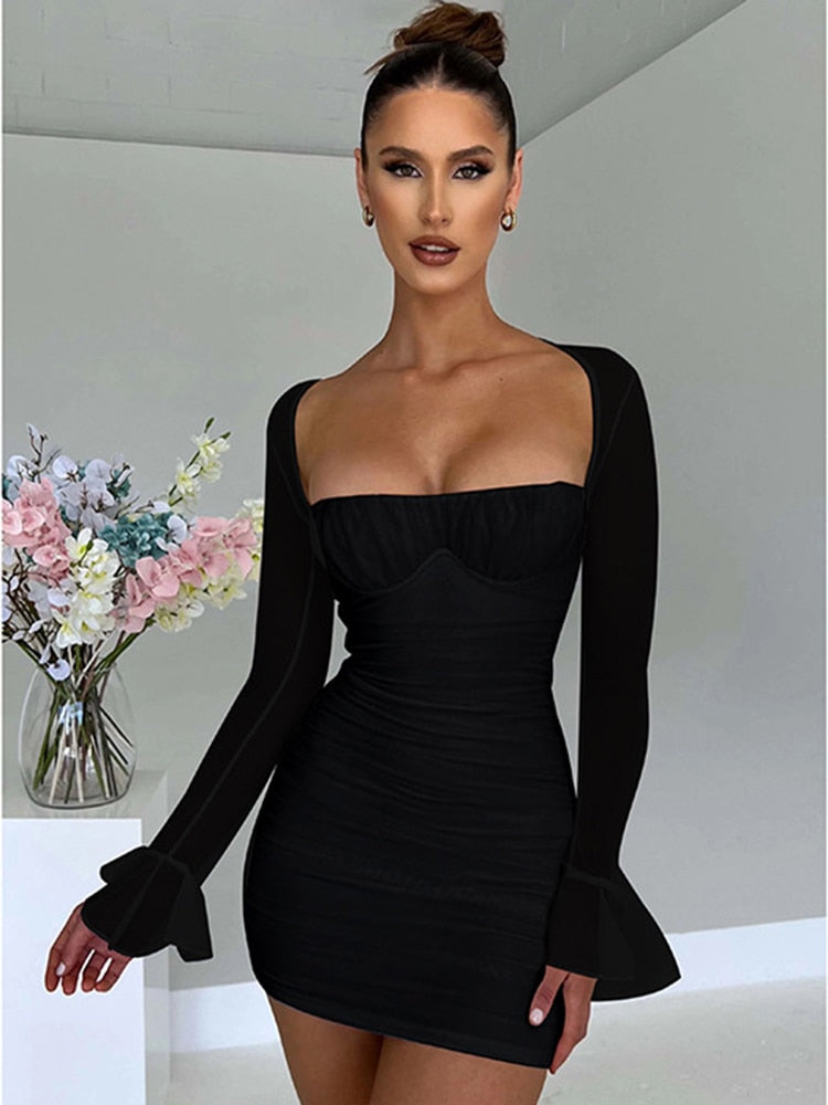 Backless Mini Dress Robe Two Layer Mesh Full Sleeve Women's Zipper Bodycon Party Short Dress