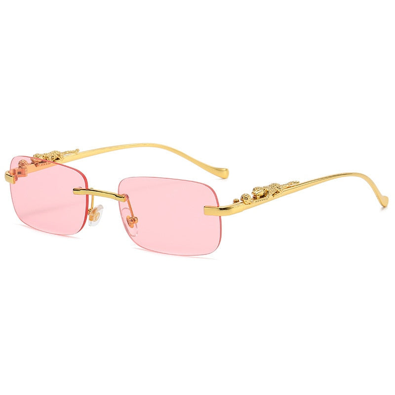 Rimless Rectangle Vintage Metal Leopard Head Sunglasses Frameless Tinted SunGlasses Shades Sunglasses