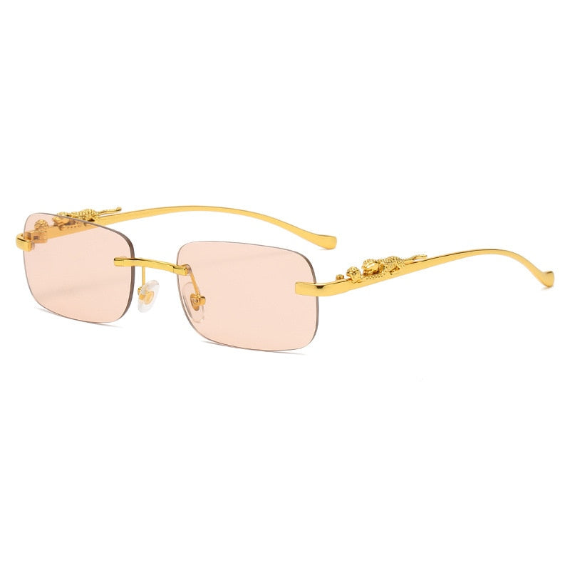 Rimless Rectangle Vintage Metal Leopard Head Sunglasses Frameless Tinted SunGlasses Shades Sunglasses
