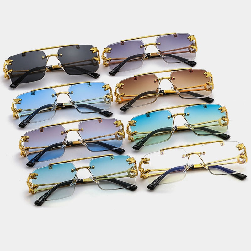 Metal Leopard Rimless Double Bridges Gradient Ocean Film Shades UV400 Sunglasses