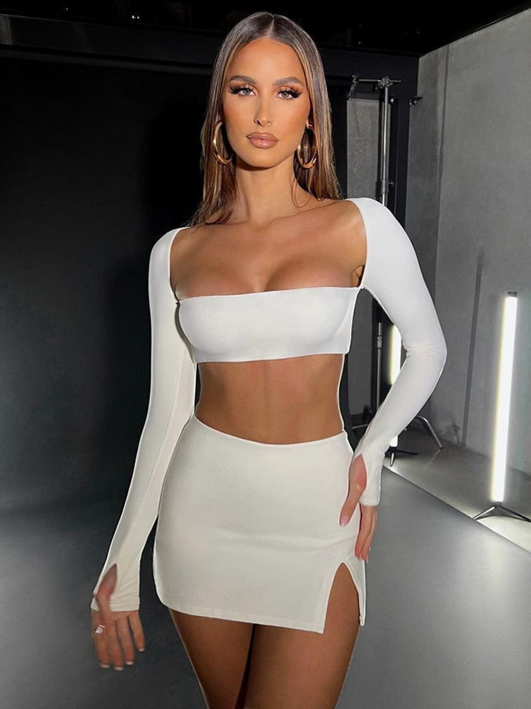 Square Collar Full Sleeve Crop Top And Mini Skirt Matching Party Two Piece Set