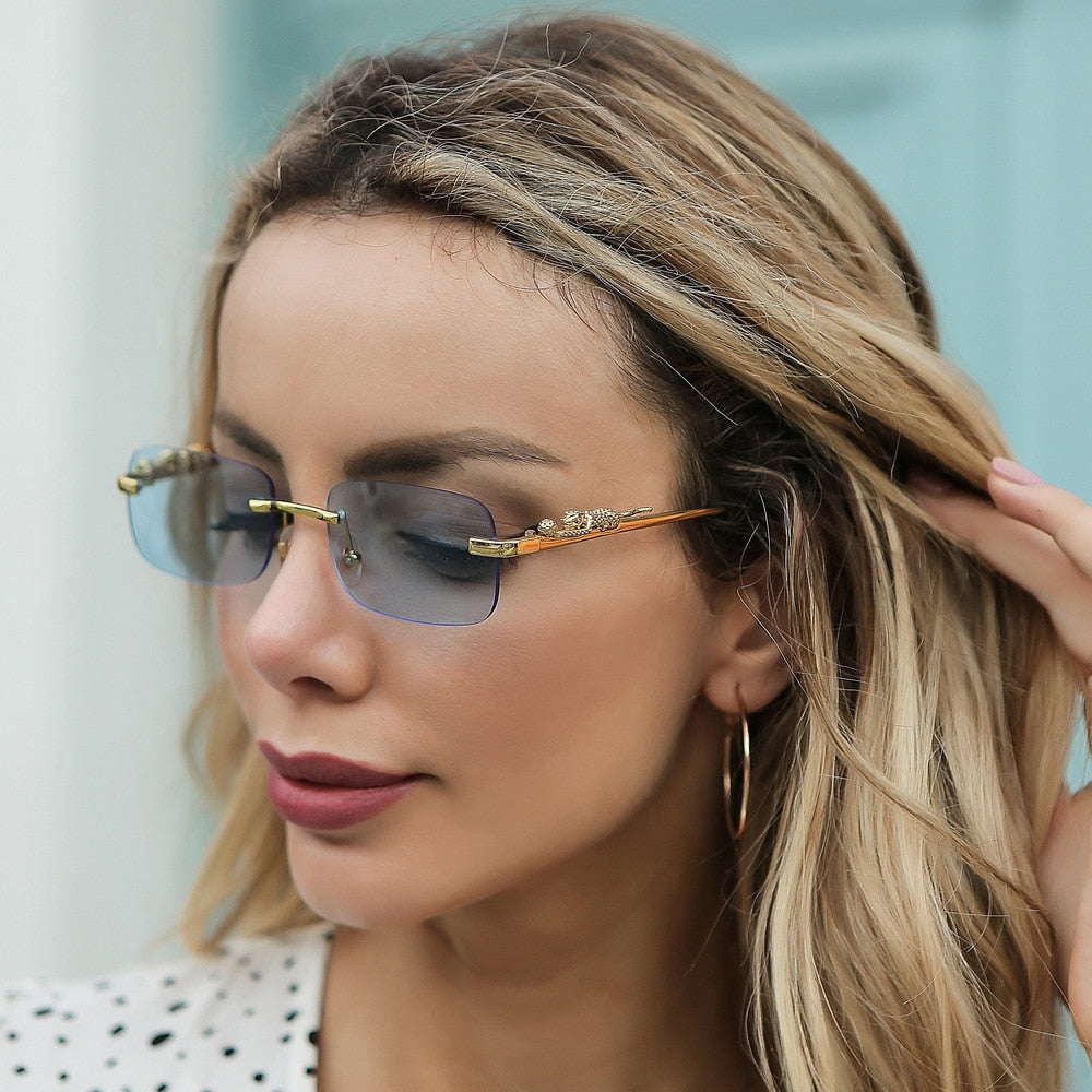 Rimless Rectangle Vintage Metal Leopard Head Sunglasses Frameless Tinted SunGlasses Shades Sunglasses