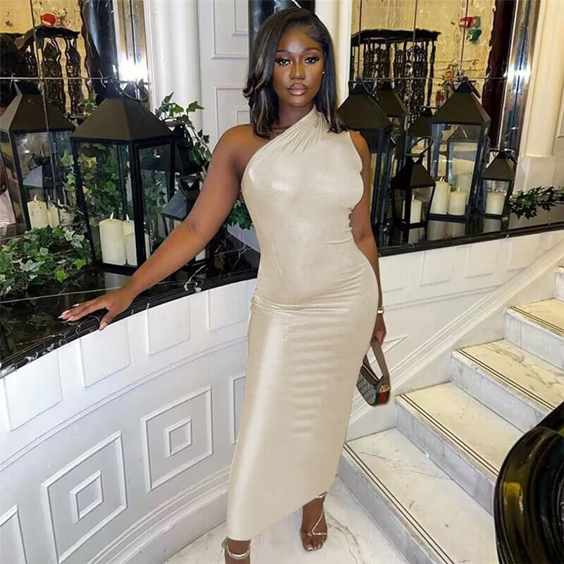 Pu Leather One Shoulder Sleeveless Draped Women Elegant Party club Mini Dress