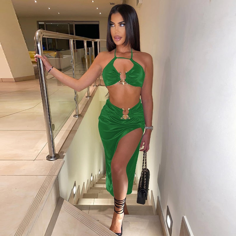 two piece club dress Halter Deep V 2 Outfit Ruched Mini Skirt Set Back Tie Cutout Waist Set the Naxos White Sheer Two Piece Midi Dress is a must Women Sexy Halter Prom Gown