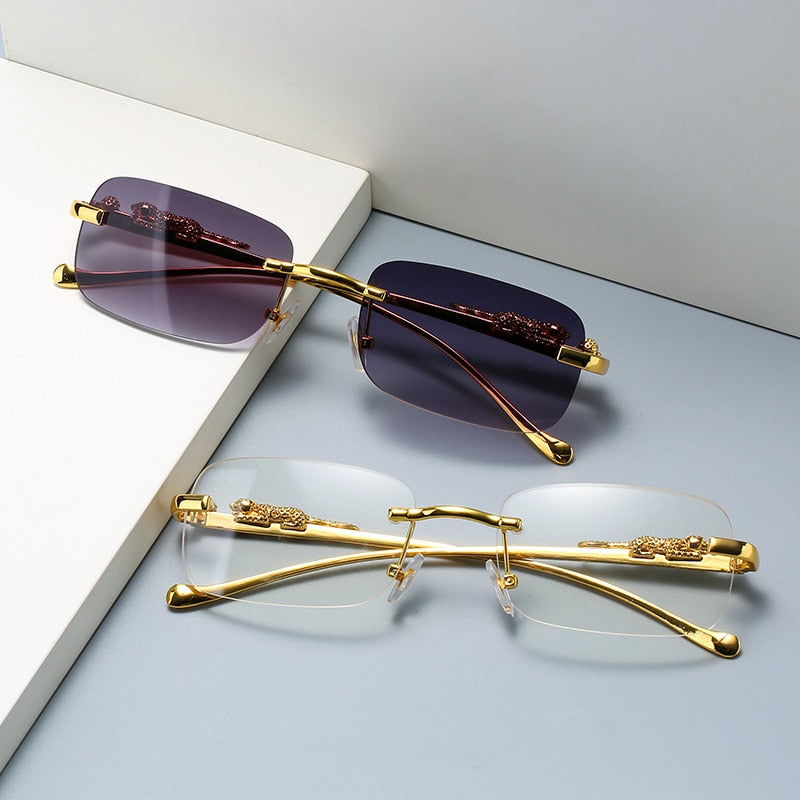 Rimless Rectangle Vintage Metal Leopard Head Sunglasses Frameless Tinted SunGlasses Shades Sunglasses