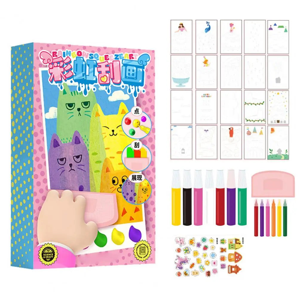 1 Set DIY Rainbow Scratch Painting Kit with Paints Pens Scraper Sticker Educational Rainbow Scratch Art Paper Toy Gift