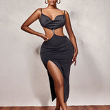V Neck Spaghetti Strap Long Backless Sleeveless Party Ruched Dress