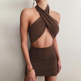 Ruched Cross Halter Bodycon Solid Backless Cut Out Short Women's Party Club Mini Dress