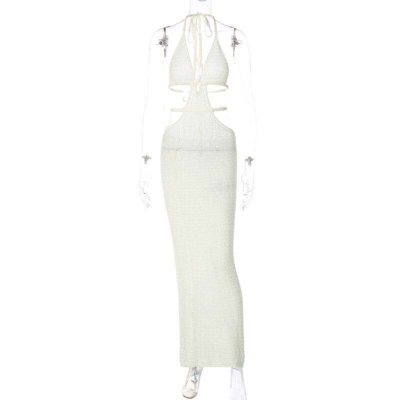 Crochet Halter Sleeveless Backless Solid Hollow Out Bandage Sexy Slim Party Outfit Maxi Dress
