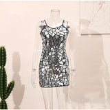 Shiny Metallic Sequin Halter Dress Sleeveless Round Neck Bodycon Glitter Mini Party Dress