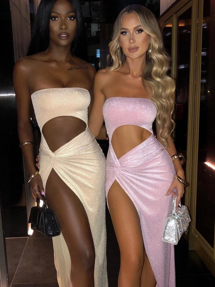 Hollow Out Strapless High Split Maxi Gown Backless Club Long Dress