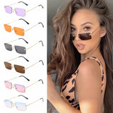 Rectangle Rimless Square Vintage Glasses Luxury Design Unisex Retro Frame Gradient UV400 Eyewear Sunglasses