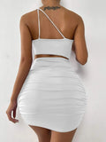 One shoulder hollow pleated mini skirt women's hip dress