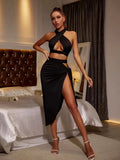 Backless Party Midi Dress Women Solid Top And Skirt Cross Cropped Elegant Black Sleeveless Set