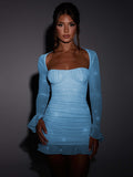 Backless Mini Dress Robe Two Layer Mesh Full Sleeve Women's Zipper Bodycon Party Short Dress