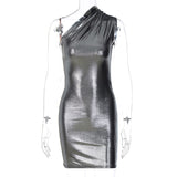 Pu Leather One Shoulder Sleeveless Draped Women Elegant Party club Mini Dress